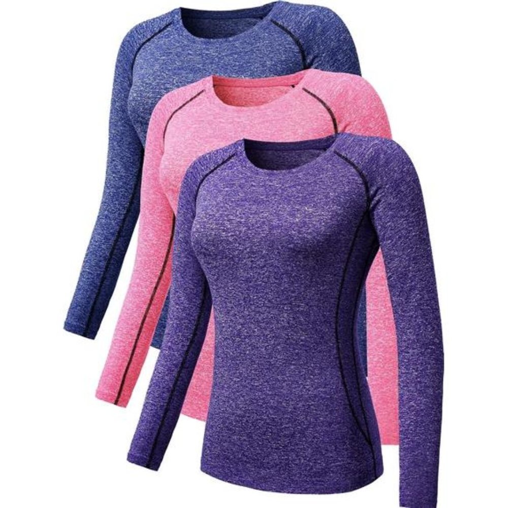 Women's 3 Pack Compression Shirts Long Sleeve Yoga Athletic Running T Shirt